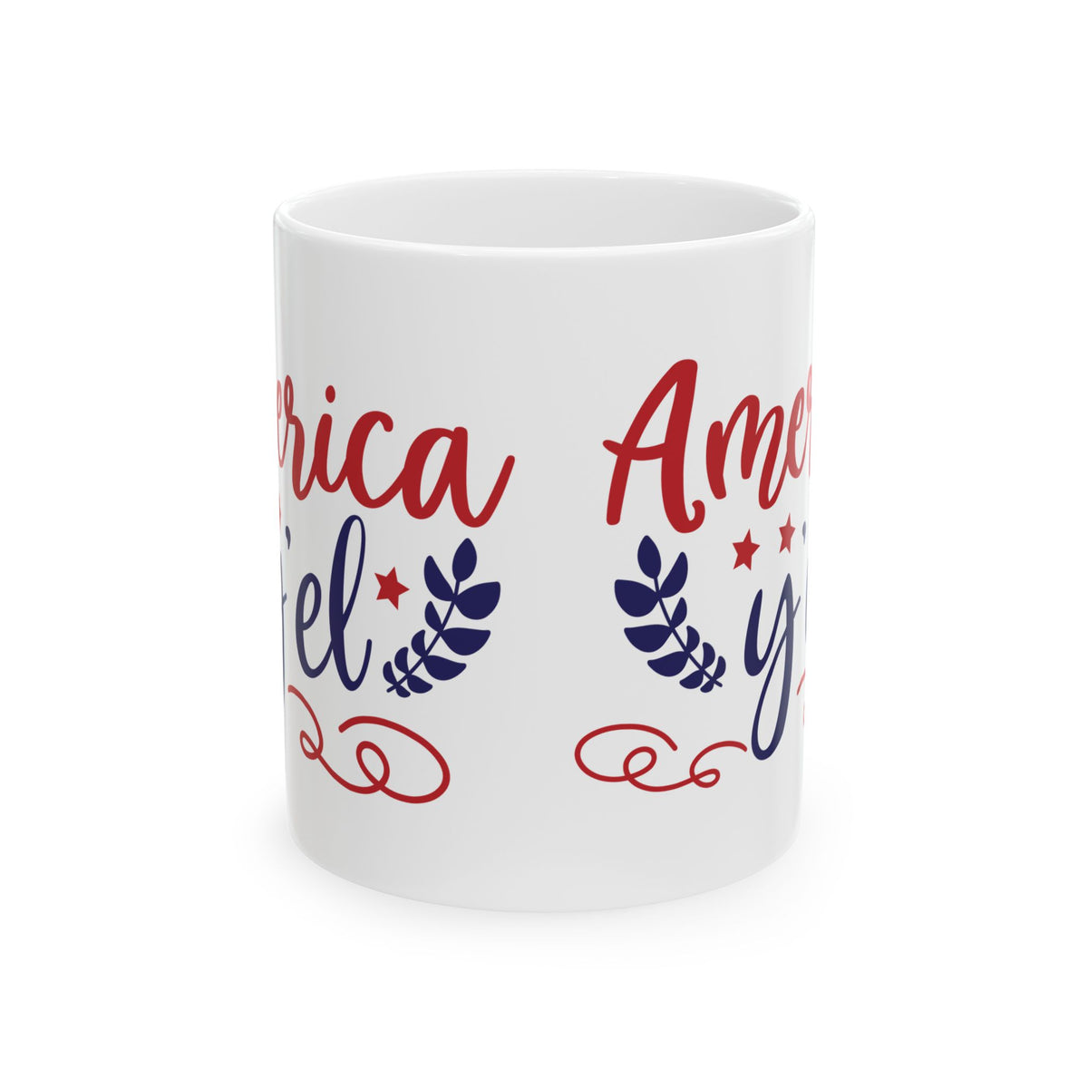 America Y'el Ceramic Mug — Patriotic Red & Blue Script Coffee Cup 11oz   Item #889411