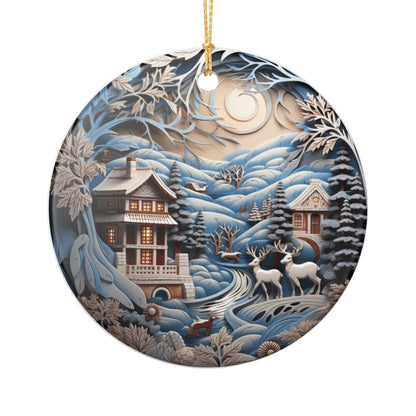 Winter Cabin Deer Ceramic Ornament   Item #391925