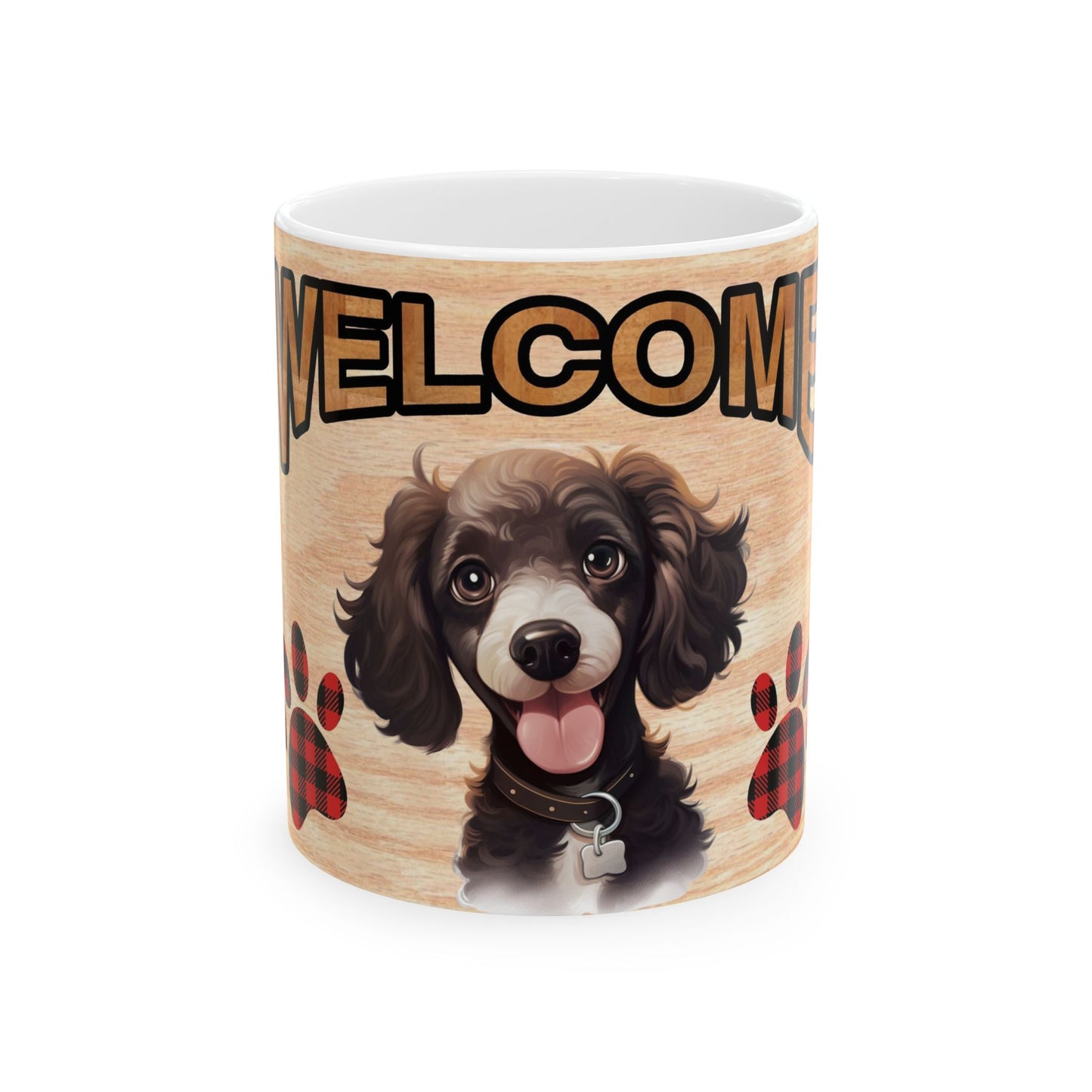 Welcome Dog Illustration Ceramic Mug – Cute Paw Print Coffee Cup 11oz    Item #302105