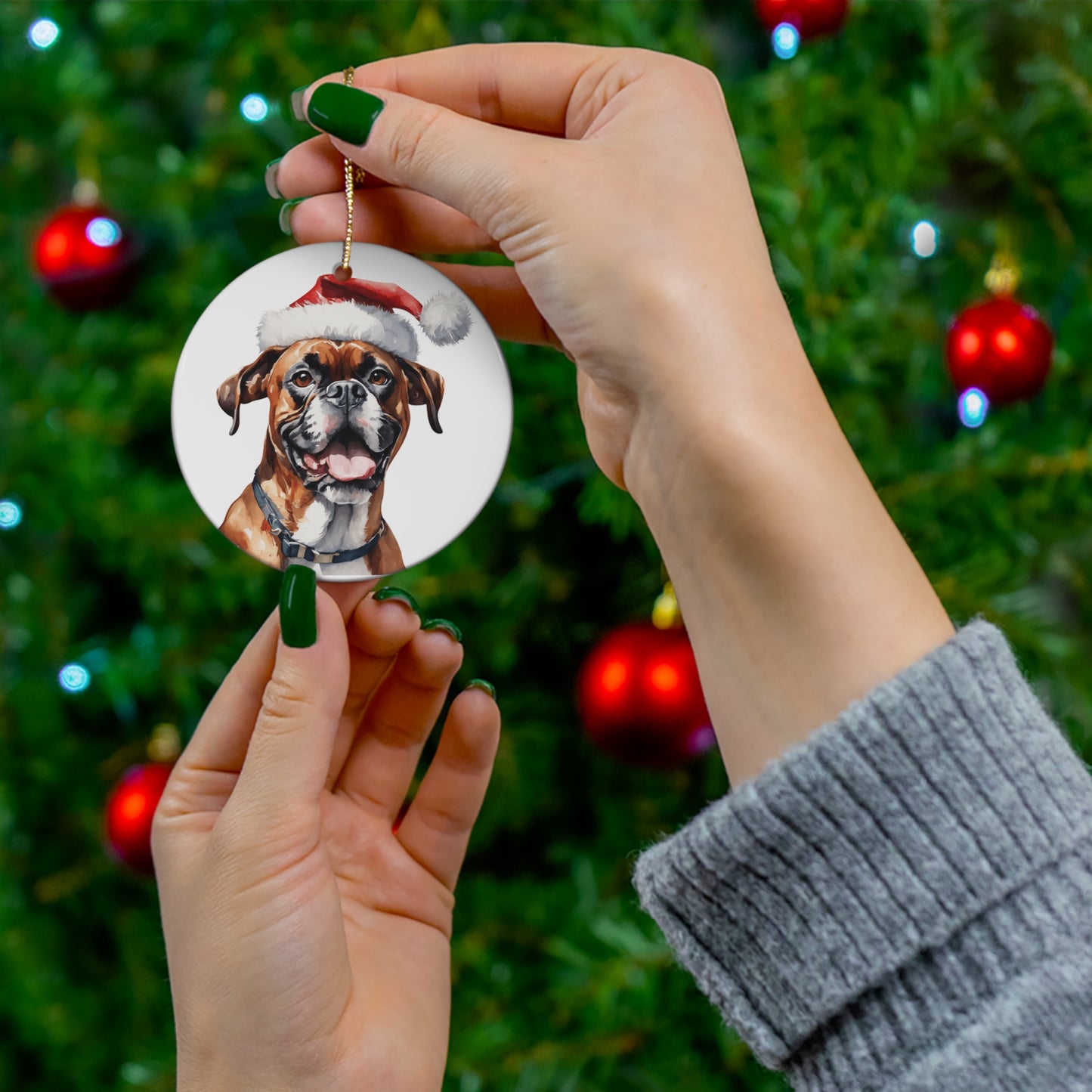 Boxer Dog With Santa Hat Ceramic Disc Ornament          Item #6700857