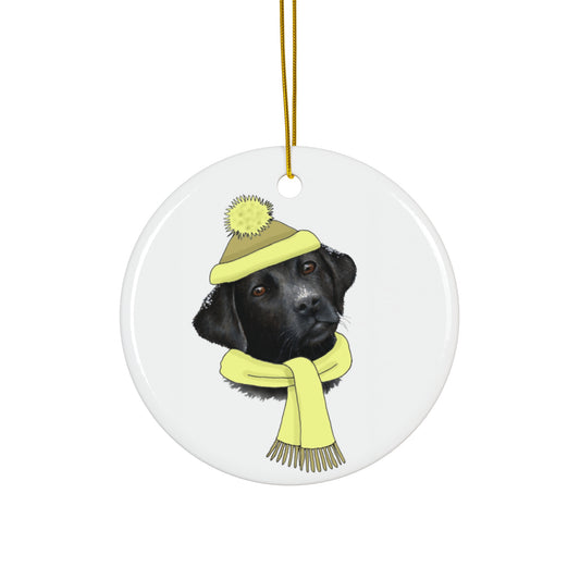 Winter Labrador With Yellow Hat Ceramic Disc Ornament              Item #2090762