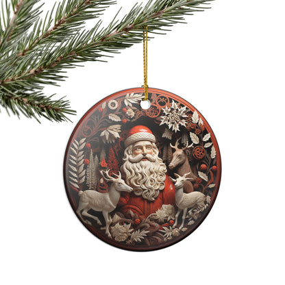 Vintage Santa and Reindeer Christmas Ceramic Ornament   Item #864295