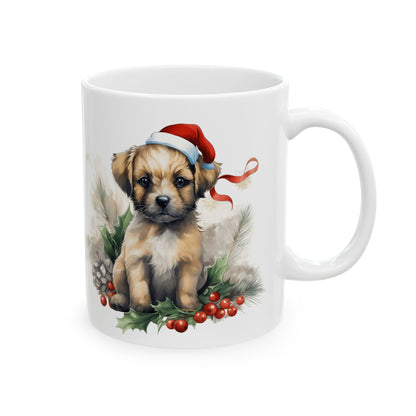 Christmas Puppy In Santa Hat Holly Berry Holiday Ceramic Mug 11oz   Item #694995