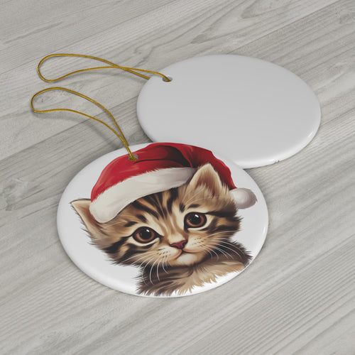 Ceramic Ornament - Bengal Kitten With Santa Hat      Item #424999