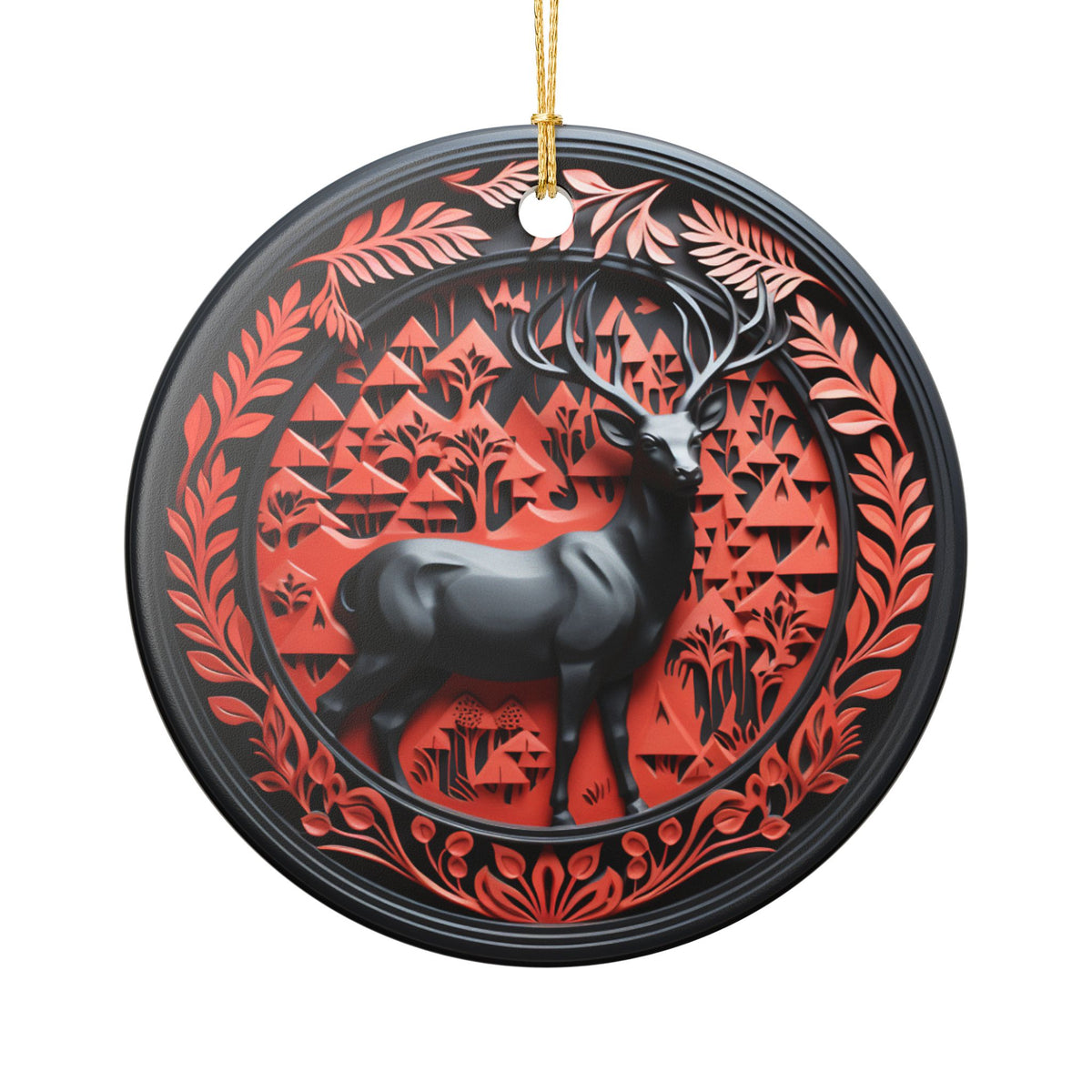 Ceramic Reindeer Forest Ornament – Rustic Christmas Tree Decoration   Item #76427