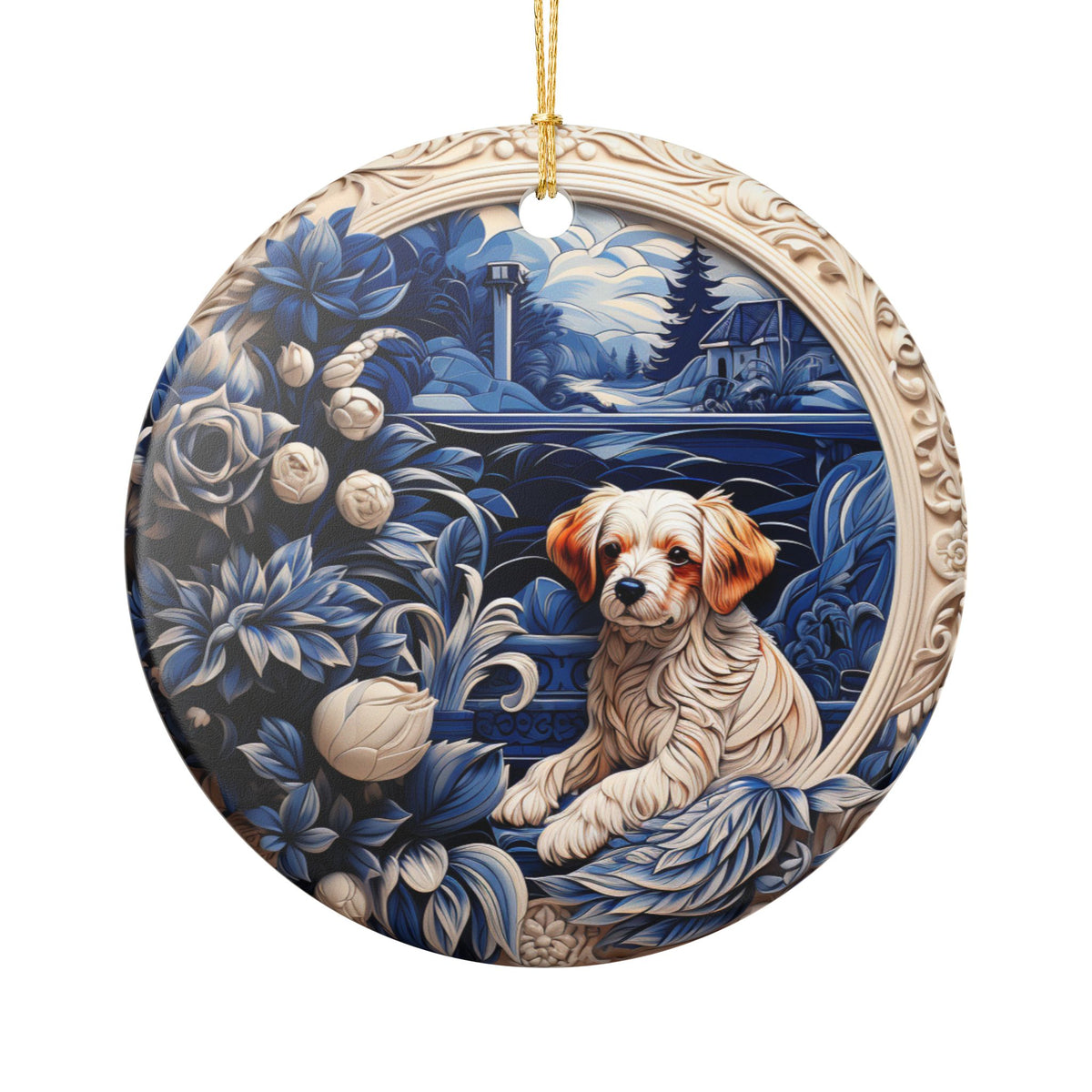 Ceramic Ornament with Puppy and Blue Floral Lakeside Scene   Item #793169