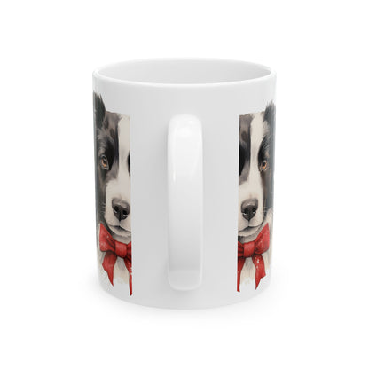 Border Collie Mug with Red Bow — Cute Dog Christmas Coffee Cup 11oz  Item #522897