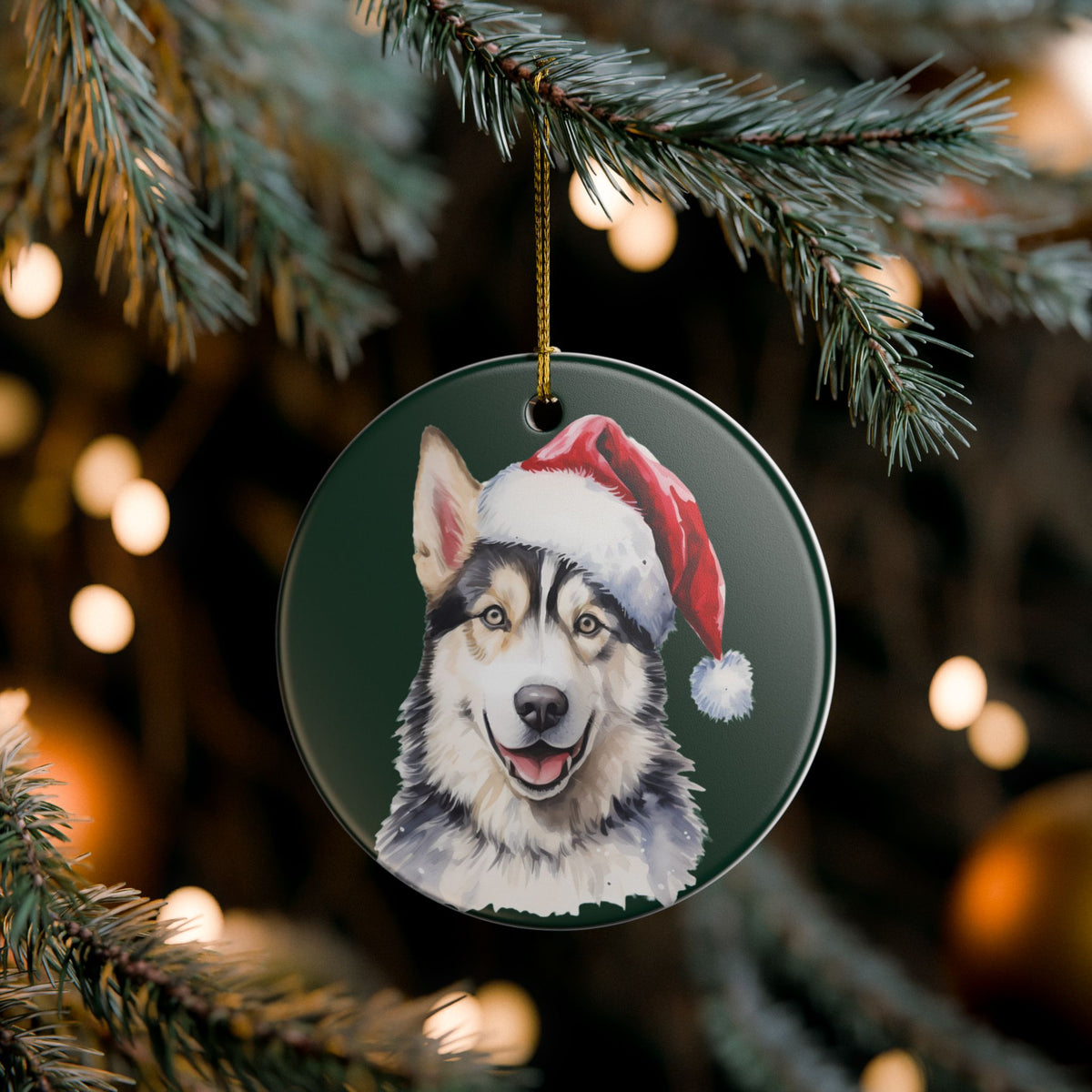 Ceramic Ornament – Christmas Husky Dog in Santa Hat    Item #667207