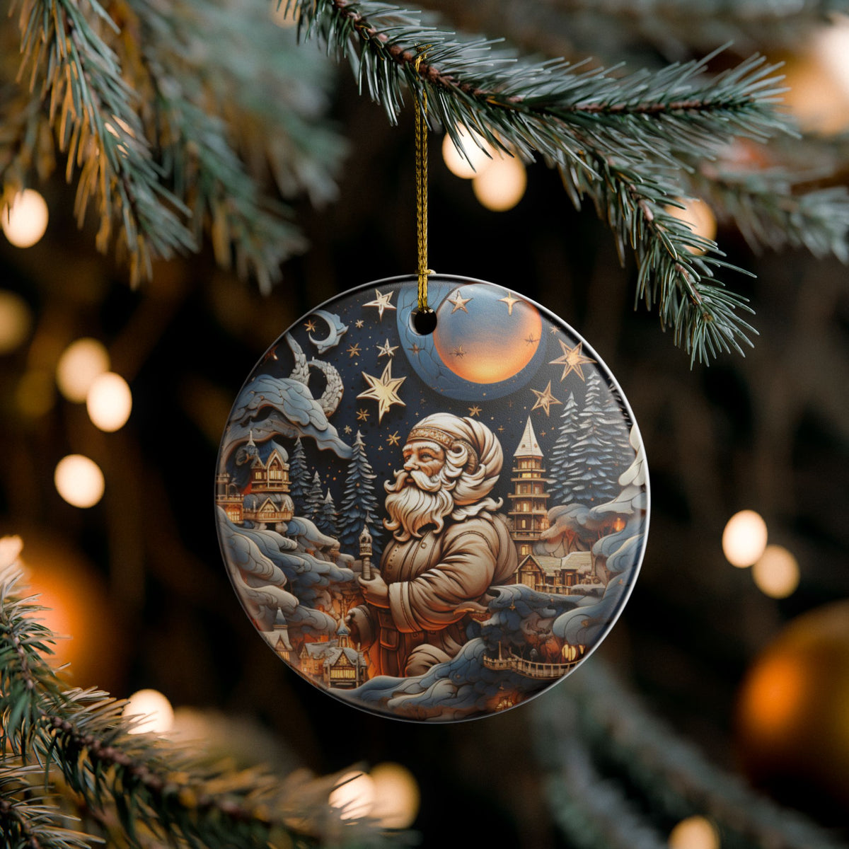 Santa Moonlit Winter Village Ceramic Christmas Ornament    Item #49163