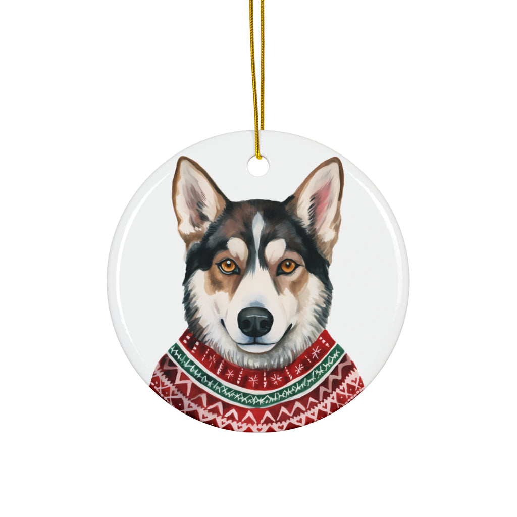 Dog With Christmas Sweater Ceramic Disc Ornament                Item #9447457