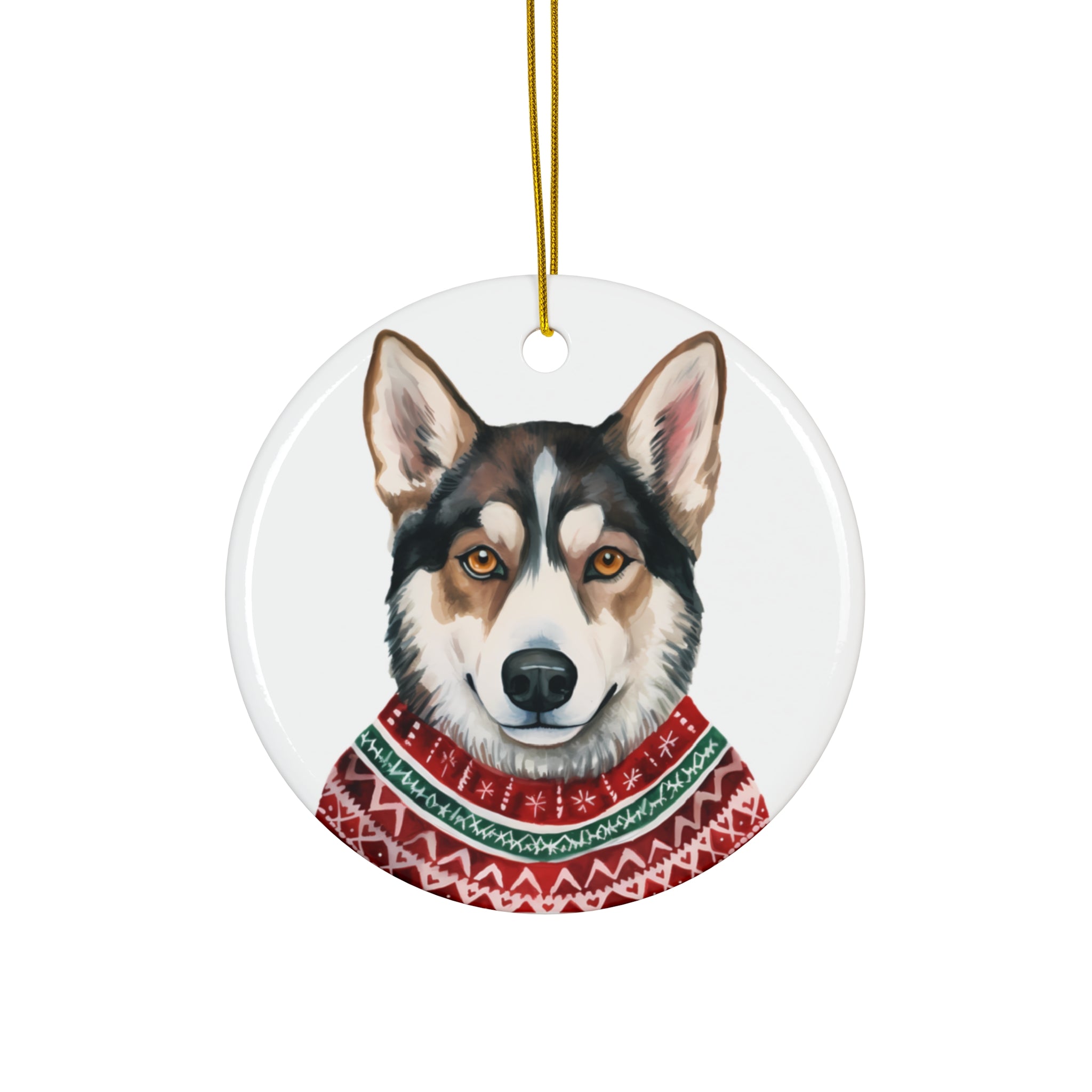Dog With Christmas Sweater Ceramic Disc Ornament                Item #9447457