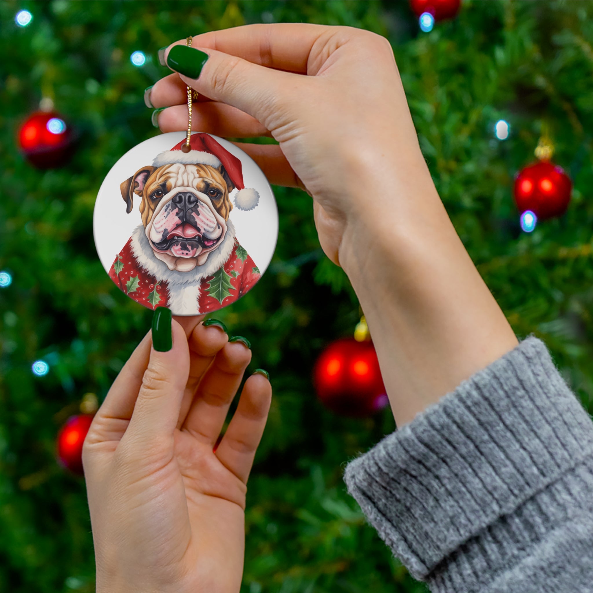 Dog With Christmas Sweater Ceramic Disc Ornament              Item #7977402