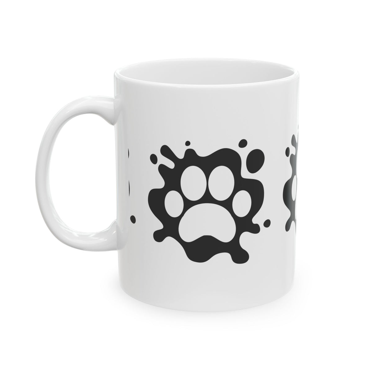 Paw Splash Ceramic Mug – Cute Black Paw Print Coffee Cup 11oz   Item #58515