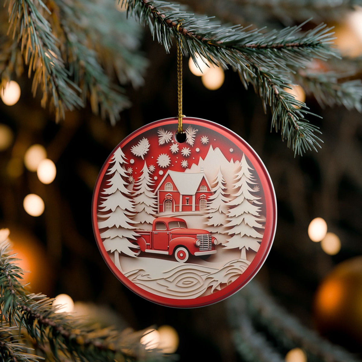 Christmas Ceramic Ornament, Vintage Red Truck Winter Cabin Scene   Item #360873