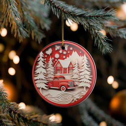 Christmas Ceramic Ornament, Vintage Red Truck Winter Cabin Scene   Item #360873