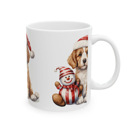 Christmas Puppy Mug – Cute Dog with Santa Hat & Snowman Ceramic Coffee Cup 11oz   Item #705356