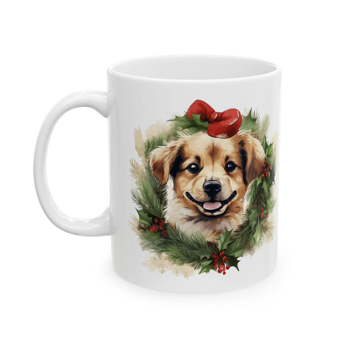 Festive Christmas Dog and Pine Wreath Mug  11oz   Item #6334