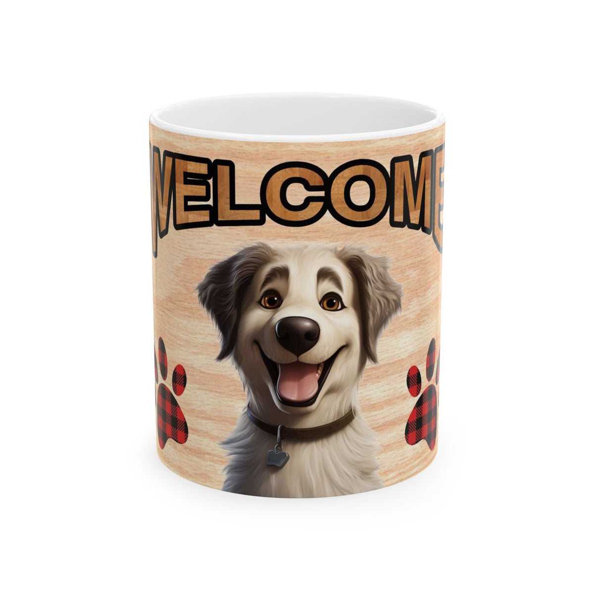 Welcome Dog Illustration Ceramic Mug – Cute Paw Print Coffee Cup 11oz    Item #648792
