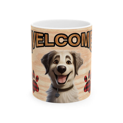 Welcome Dog Illustration Ceramic Mug – Cute Paw Print Coffee Cup 11oz    Item #648792