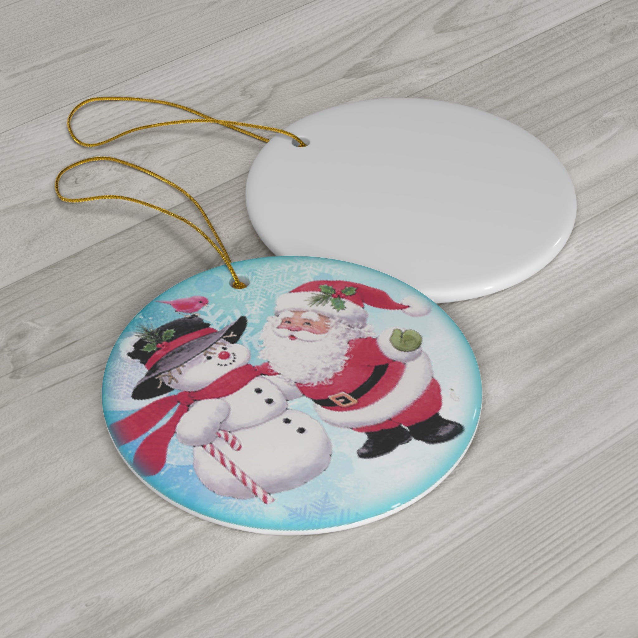 Santa And Snowman Ceramic Disc Ornament       Item #139285 - Buckshot's Bargain Barn