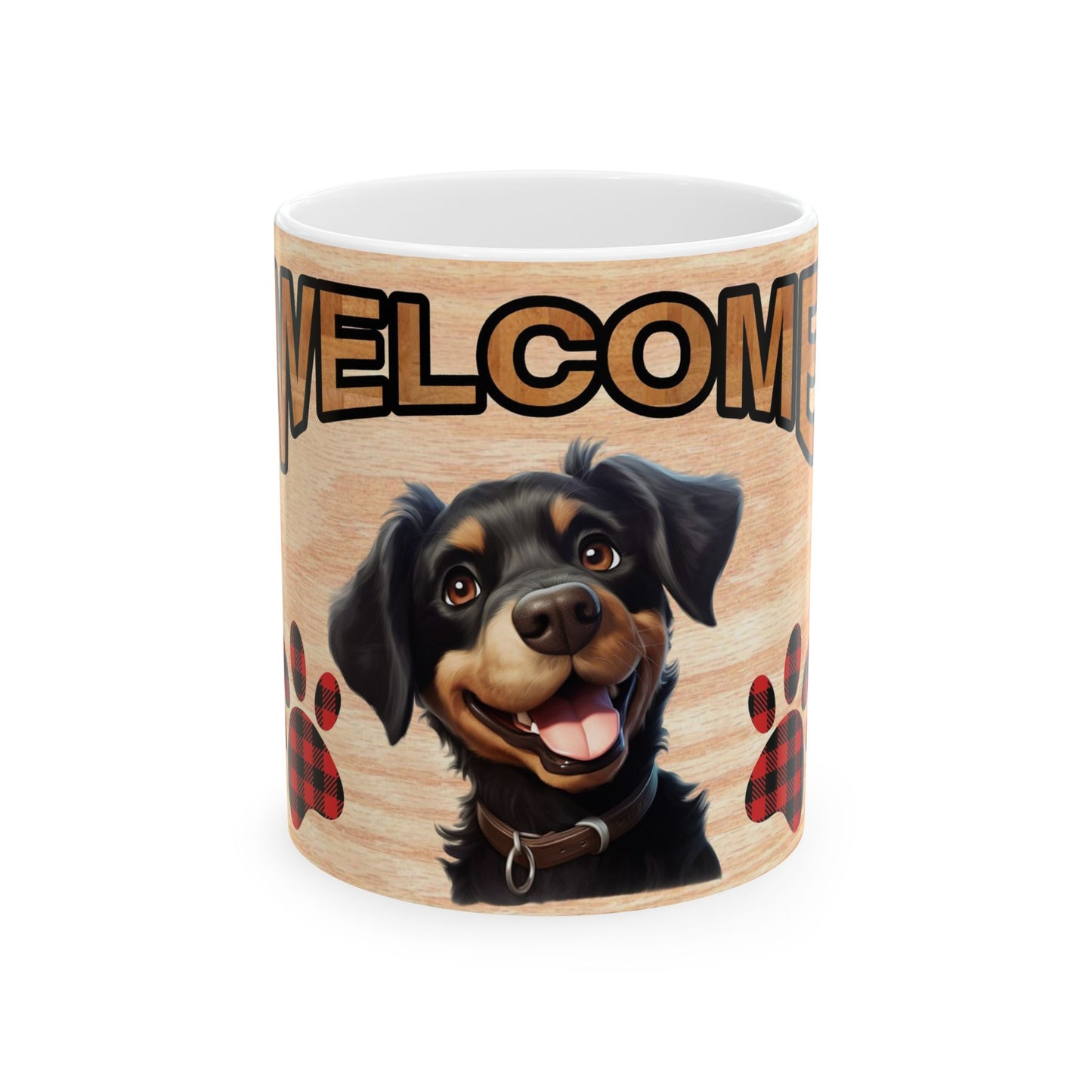 Welcome Dog Illustration Ceramic Mug – Cute Paw Print Coffee Cup 11oz    Item #475983