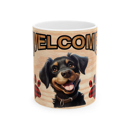 Welcome Dog Illustration Ceramic Mug – Cute Paw Print Coffee Cup 11oz    Item #475983