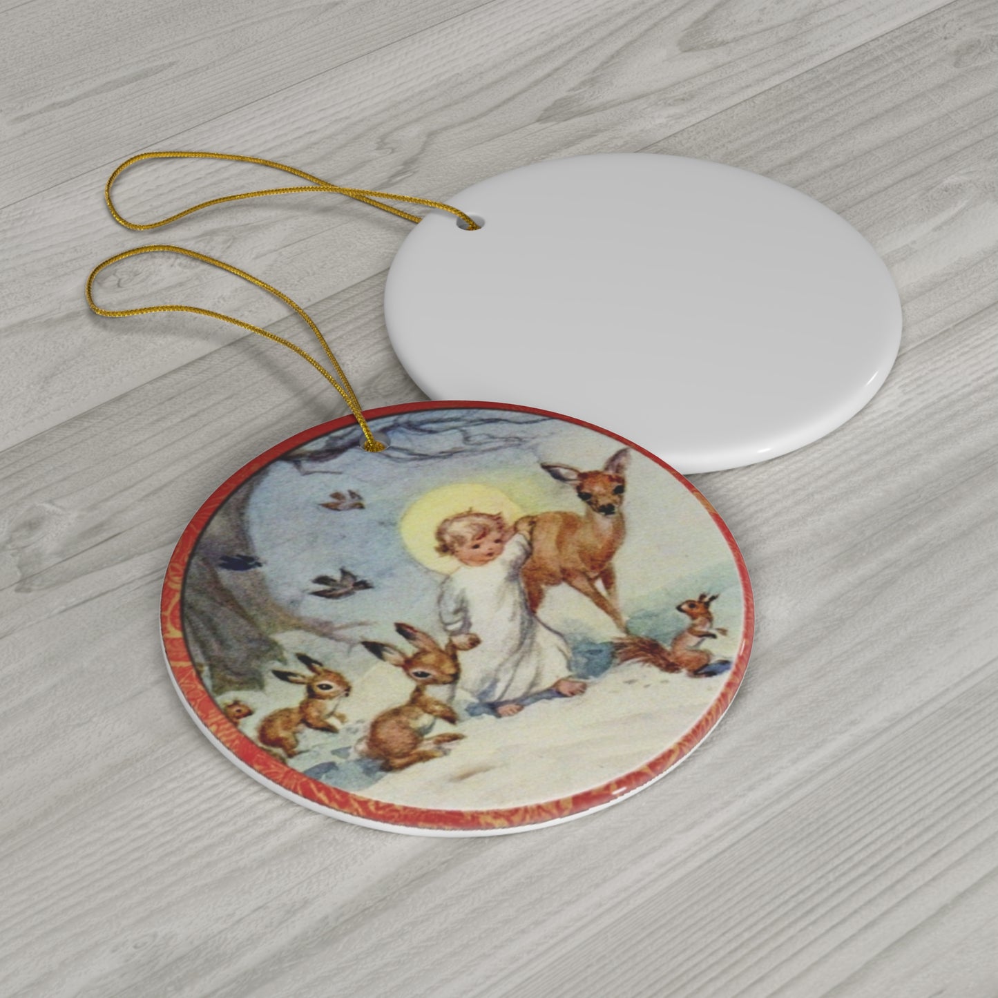 Christmas Scene Kids With Deer Ceramic Disc Ornament       Item #4825831