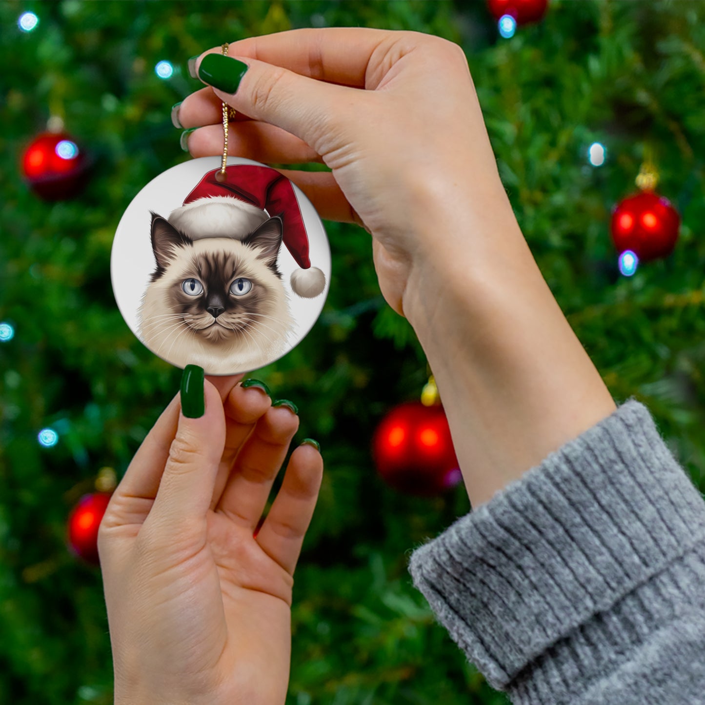 Ceramic Ornament - Birman Cat With Santa Hat      Item #1883993