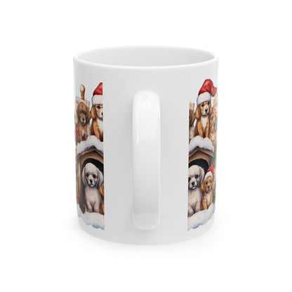 Christmas Puppies Ceramic Mug — Festive Dog House Holiday Coffee Cup 11oz  Item #99334