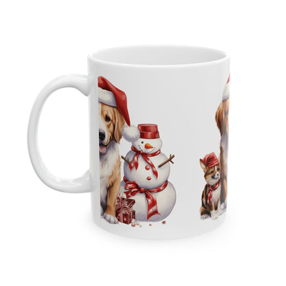 Christmas Dog Ceramic Mug – Festive Puppy with Snowman and Holiday Gifts  11oz   Item #810851