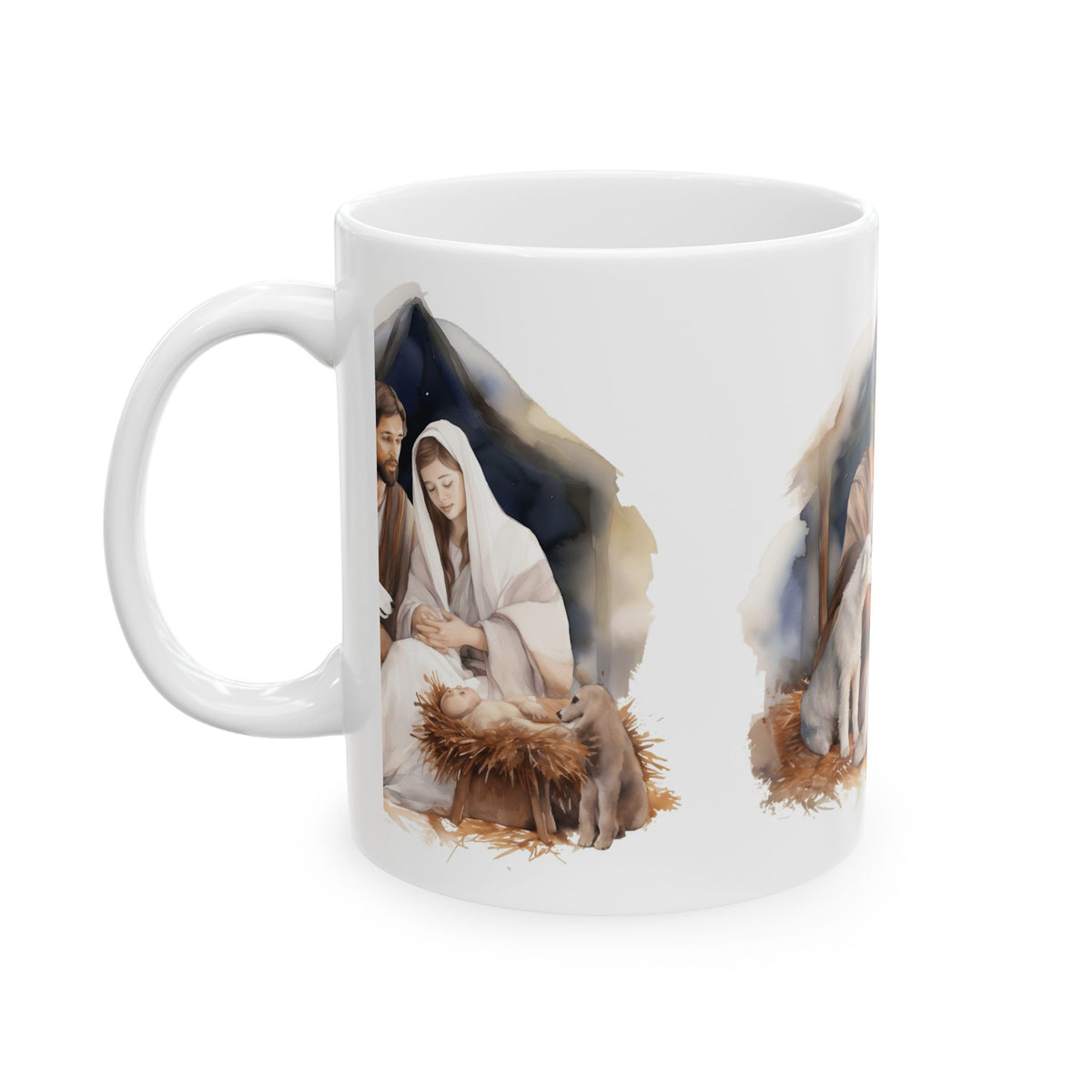 Nativity Scene Ceramic Mug — Mary, Joseph & Baby Jesus Christmas Coffee Cup 11oz  Item #683404
