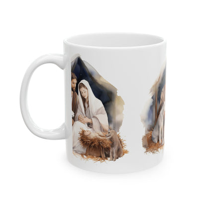 Nativity Scene Ceramic Mug — Mary, Joseph & Baby Jesus Christmas Coffee Cup 11oz  Item #683404