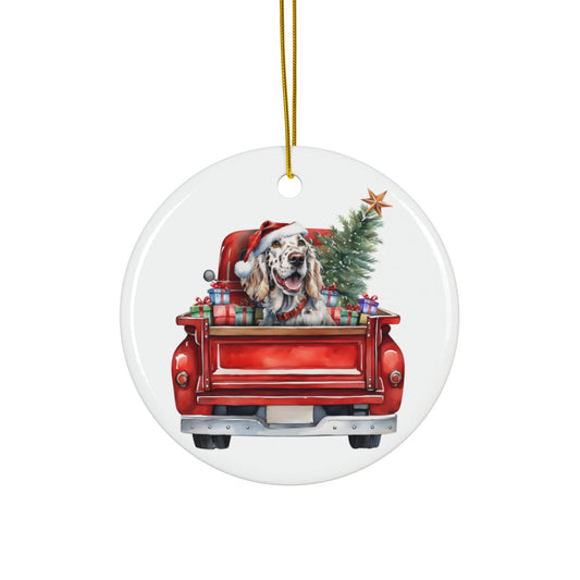 English Setter Christmas Dog In Red Truck Ceramic Disc Ornament         Item #198959