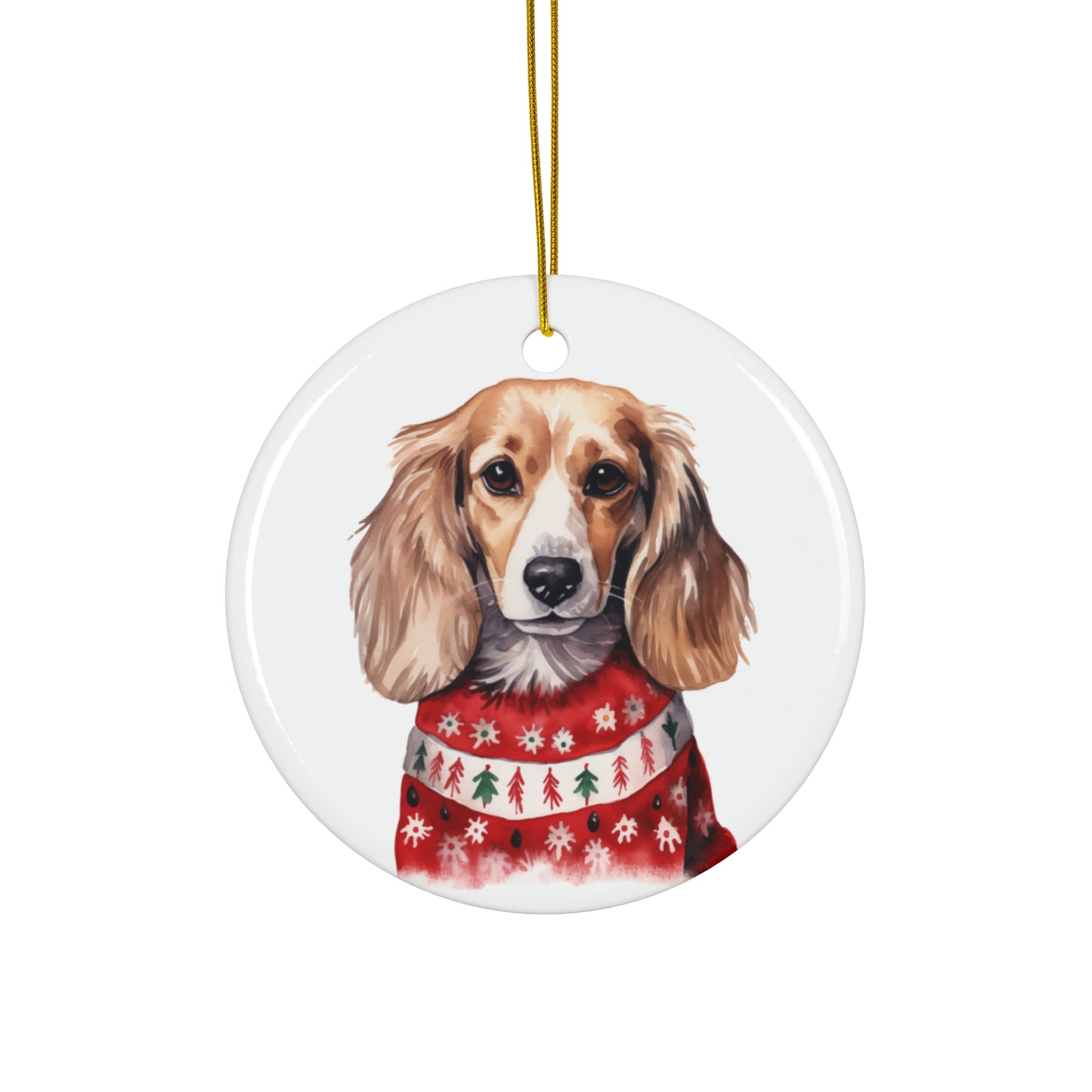 Dog With Christmas Sweater Ceramic Disc Ornament            Item #1046946