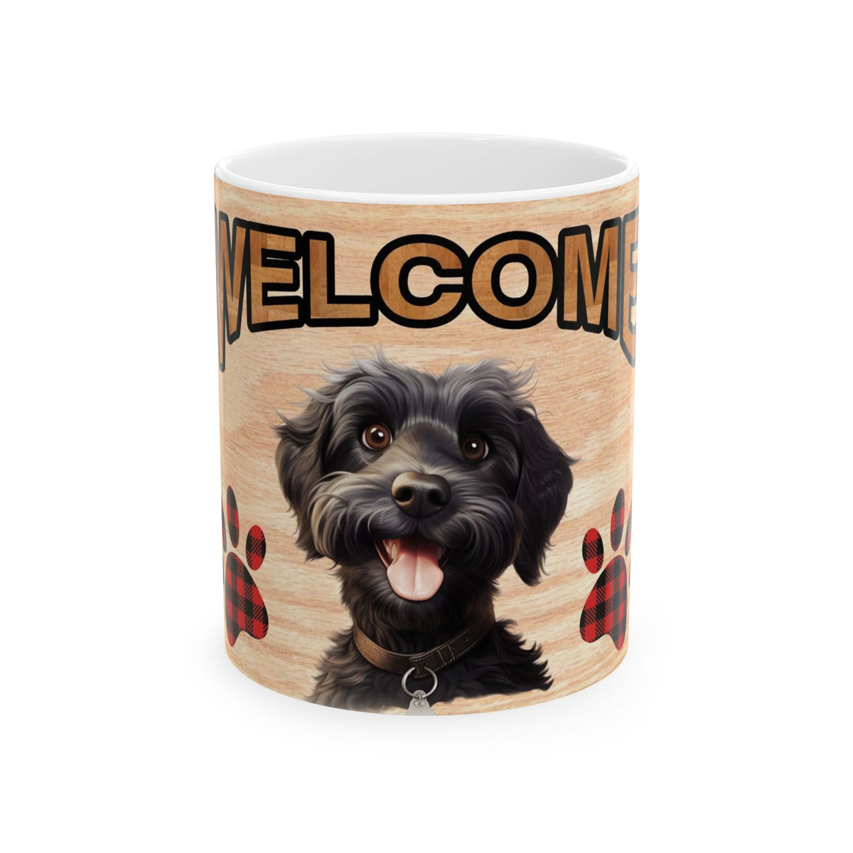 Welcome Dog Illustration Ceramic Mug – Cute Paw Print Coffee Cup 11oz    Item #510172