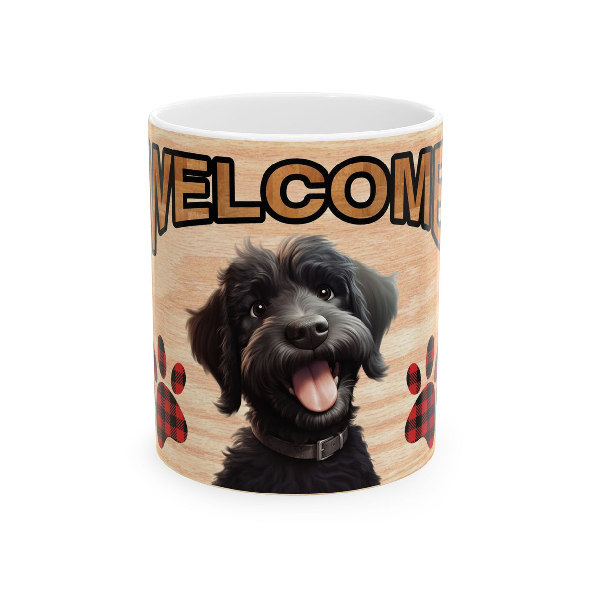 Welcome Dog Mug — Cute Black Puppy Paw Print Ceramic Coffee Cup 11oz    Item #477116