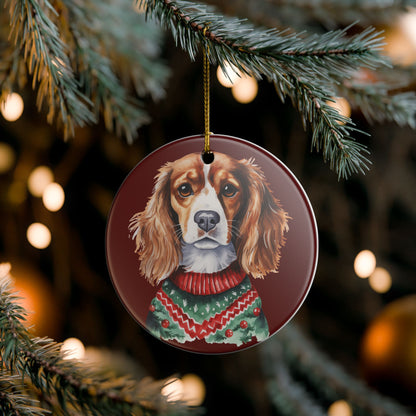Ceramic Christmas Ornament – Cavalier King Charles Spaniel in Festive Sweater   Item #94782