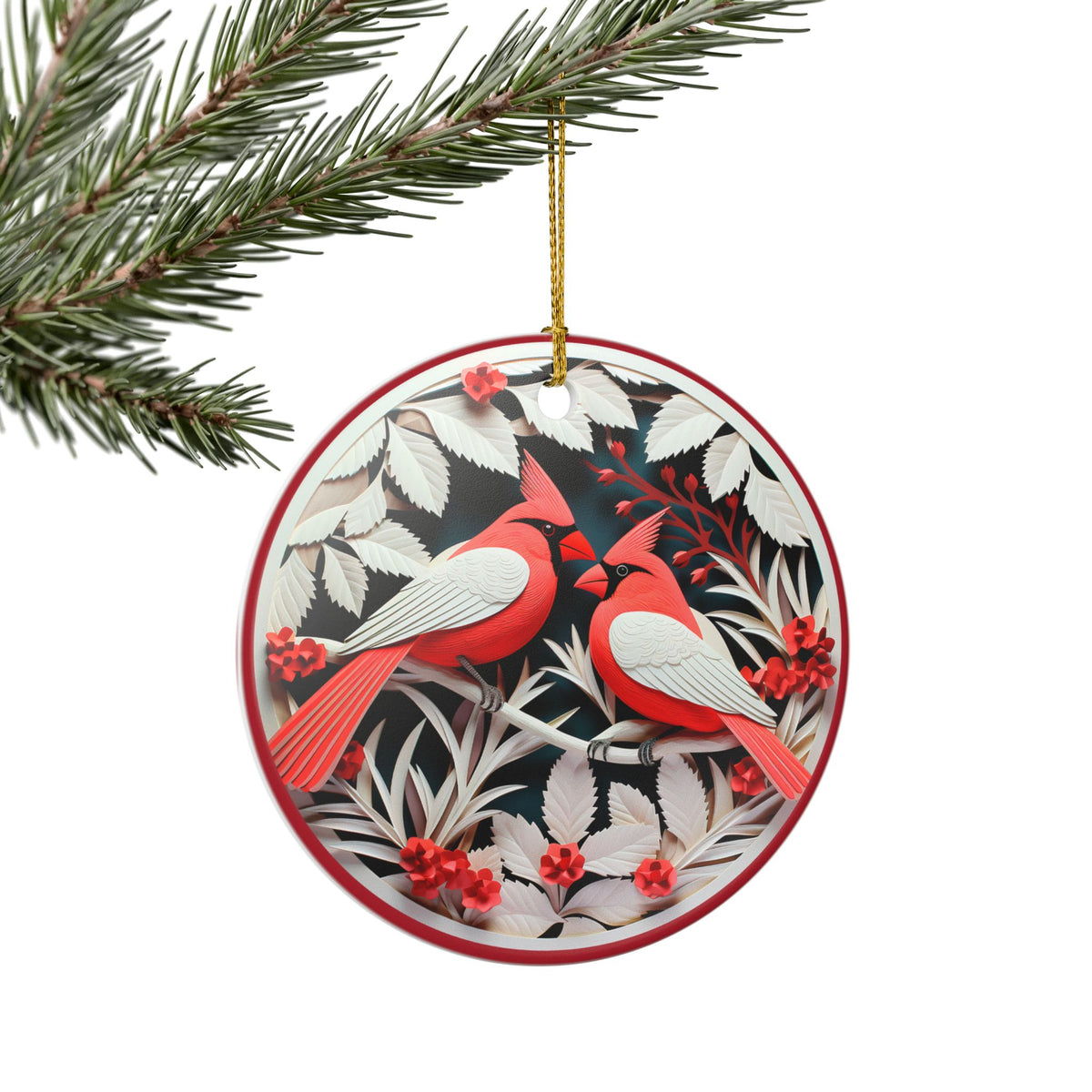 Ceramic Ornament with Red Cardinals and Winter Foliage   Item #416451