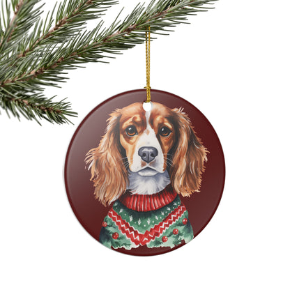 Ceramic Christmas Ornament – Cavalier King Charles Spaniel in Festive Sweater   Item #94782