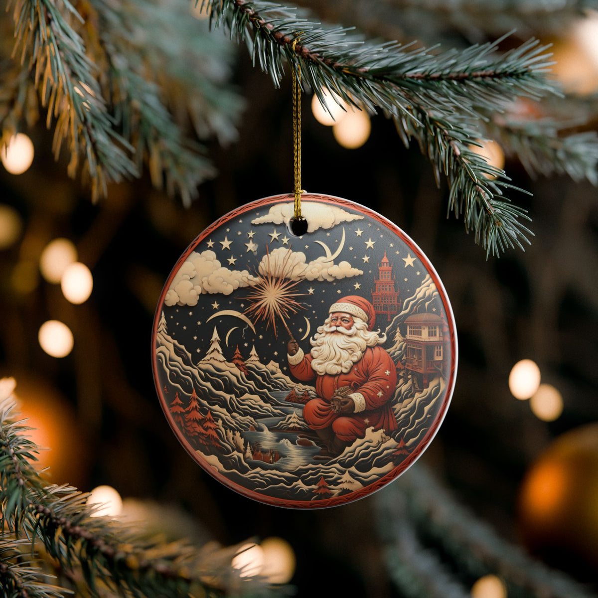 Ceramic Christmas Ornament with Santa in Winter Wonderland    Item #613384