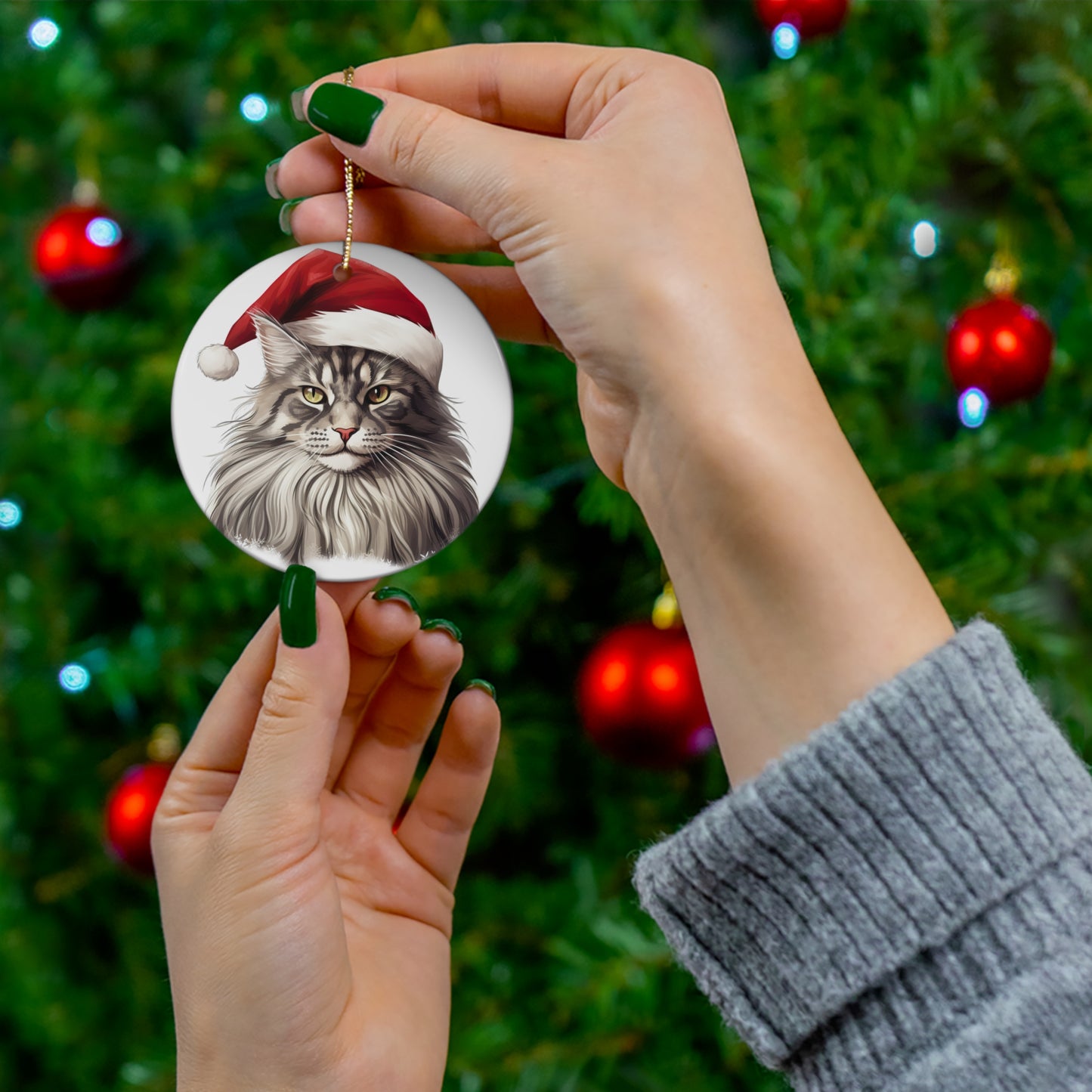 Maine Coon Cat With Santa Hat Ceramic Ornament      Item #7032627