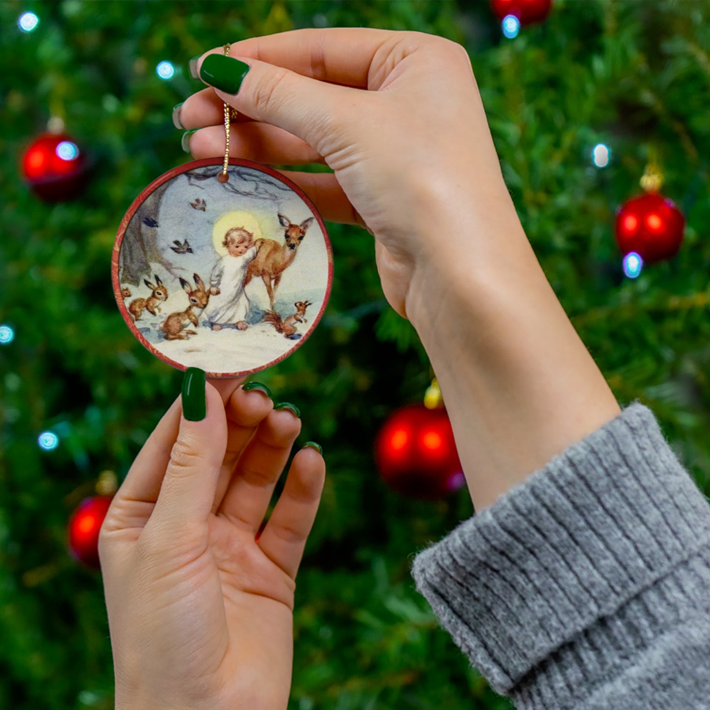 Christmas Scene Kids With Deer Ceramic Disc Ornament       Item #4825831