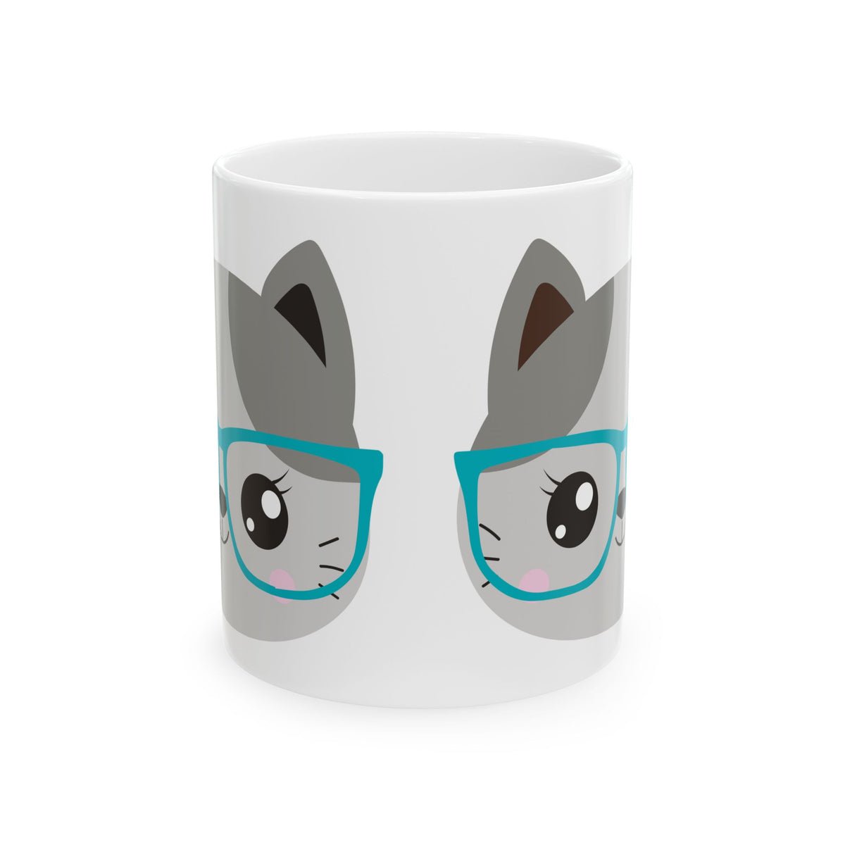 Cute Cat Mug with Teal Glasses — Kawaii Animal Ceramic Coffee Cup 11oz   Item #113