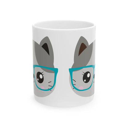 Cute Cat Mug with Teal Glasses — Kawaii Animal Ceramic Coffee Cup 11oz   Item #113