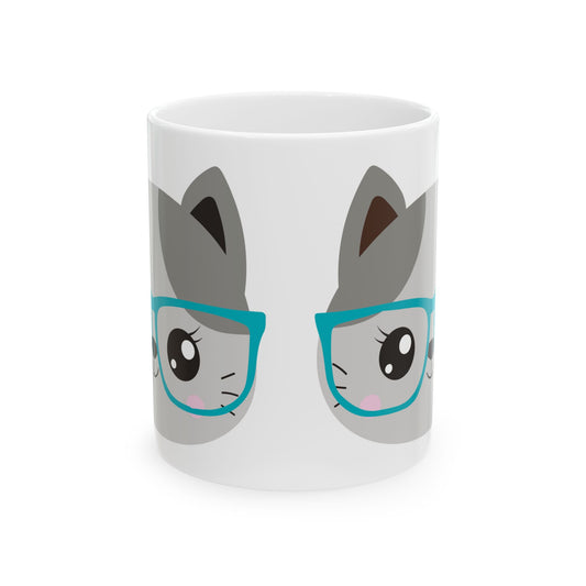 Cute Cat Mug with Teal Glasses — Kawaii Animal Ceramic Coffee Cup 11oz   Item #113