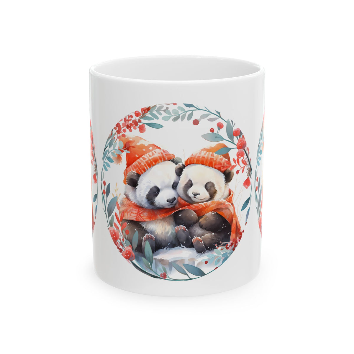 Cozy Winter Panda Mug — Cute Holiday Pandas in Knit Hats 11oz    Item #313636
