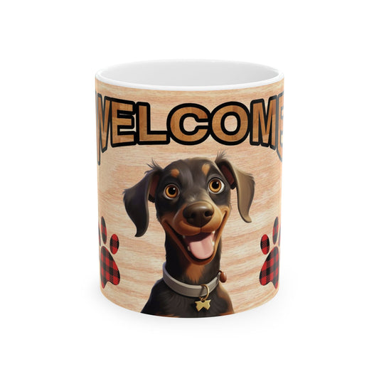 Welcome Dog Illustration Ceramic Mug – Cute Paw Print Coffee Cup 11oz    Item #197934