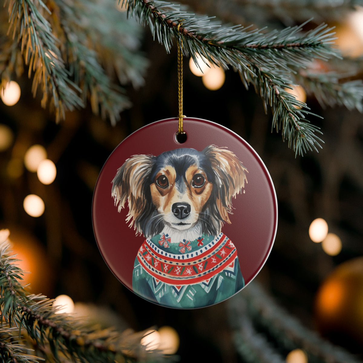 Ceramic Christmas Ornament – Festive Dog in Sweater Holiday Tree Decor    Item #71791