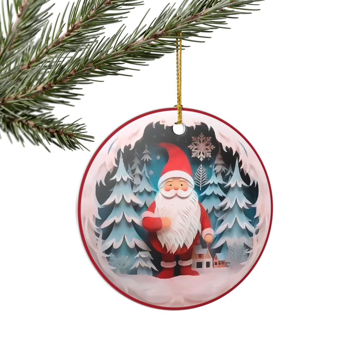 Ceramic Christmas Ornament with Santa and Winter Forest Design   Item #116252