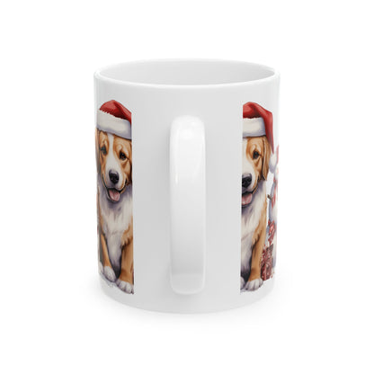Christmas Dog Ceramic Mug – Festive Puppy with Snowman and Holiday Gifts  11oz   Item #810851